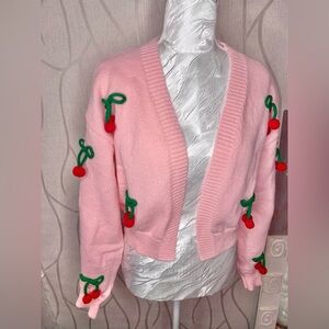 🎀🍒 Pink Cherry Crochet Embroidery Open Cardigan 🍒🎀